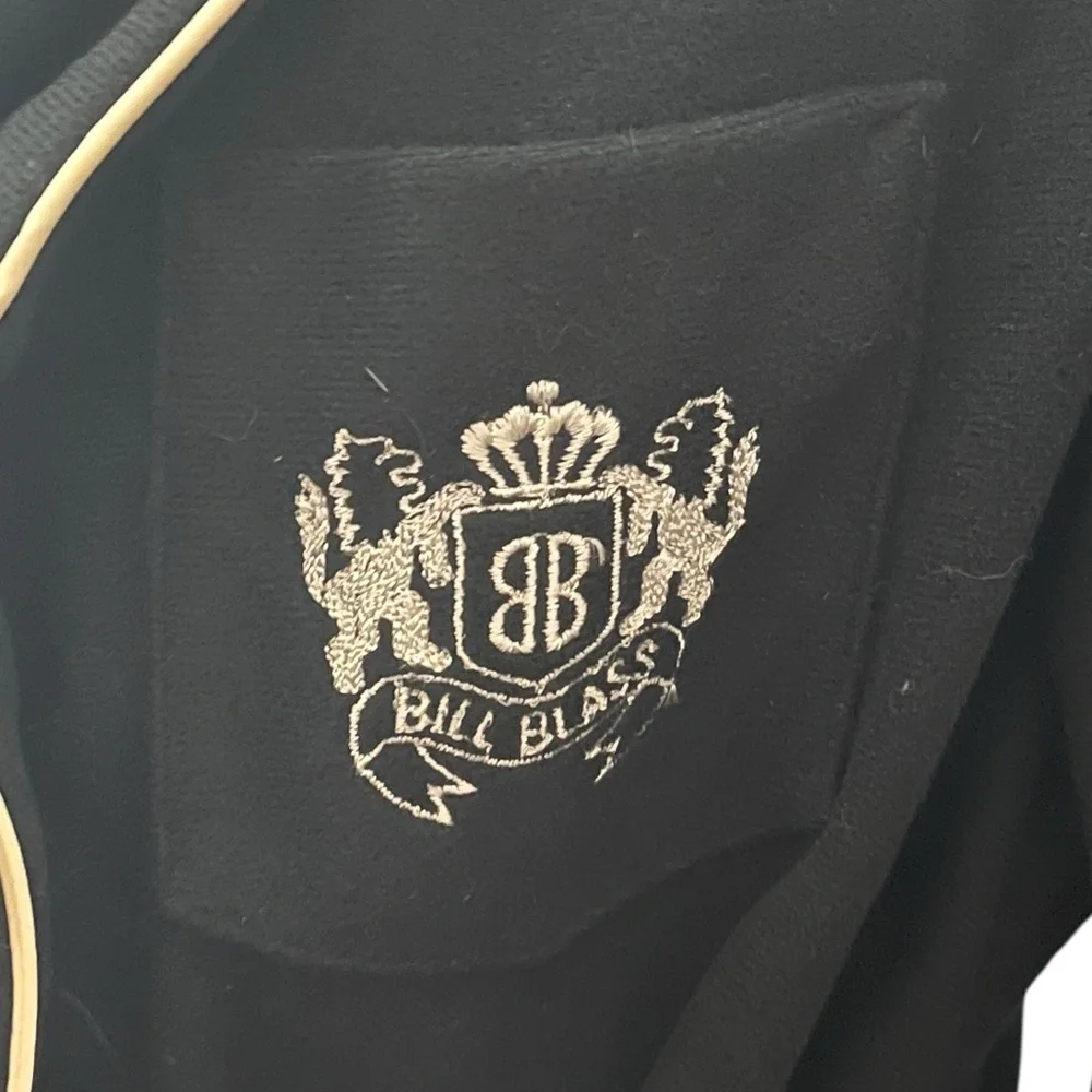 Vintage 70s Bill Blass Shawl Collar Robe Crest Embroidered Piping Trim Black M